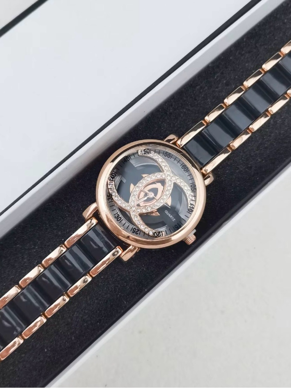 & Other Stories Rose Gold and Black Crystal Link Watch